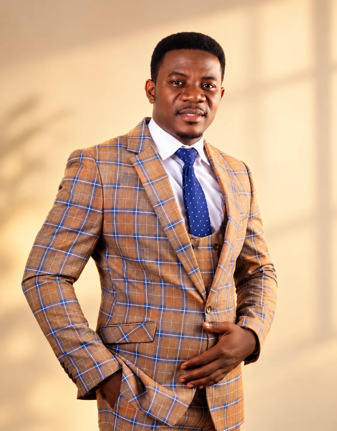 Apostle Paul Amoateng JNR in a brown checked suit and blue tie